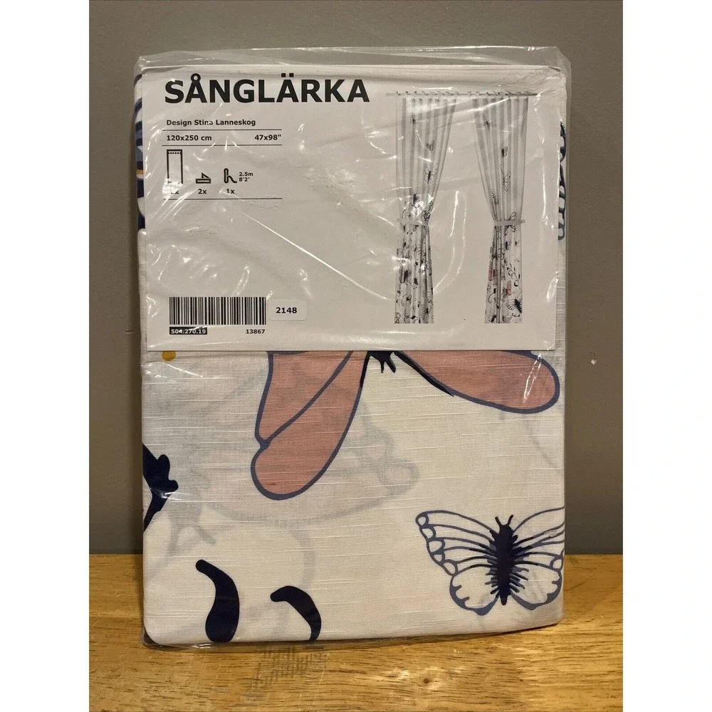 Ikea SANGLARKA Curtains w/ tie-backs, 1 pair, butterfly/white blue 47x98 